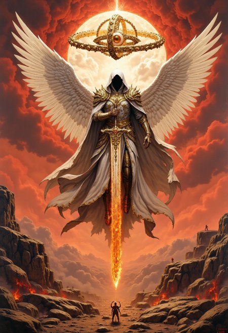 Oil painting of a seraphim.  An imposing hooded figure with hidden face and angelic presence.  He wears glistening what robes and fantastic armor of silver and gold.  Above his head floating like a halo is an Ophanim, wheel-like creature, floating, symmetrical wheels, 4wheels.  The seraphim wields a single large flaming sword, and descends to the battlefield on huge white wings, the battlefield is a desolate wasteland with cracked earth, red sky, and hordes of demons, hkstyle