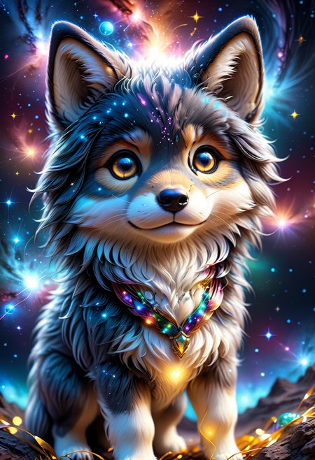 (((videogame_style))), (sharp focus:1.2), lineart, flat color, monochrome, greyscale, depth of field, bokeh, 8k, OLED, 1 baby wulf, being playful, wearing ribbon choker in different colours, different fur, super cute,, The wulf raises its paws towards the viewer, in the galaxy, space wulf flying in the stars,lluminated by the ethereal glow of cosmic lightning, the light is reflecting shadows on the cute animal, for the viewer, it appears alive, as if a glimpse of its inner sparkle is possible, star sky, peacful and grateful atmosphere, painted hearts, magical atmosphere, close up, (((cuteness overload))), <lora:detailed_notrigger:0.9>, zhibi <lora:zhibi:0.8>, <lora:tweak-detail-xl:0.7> <lora:Jed-Cosmos-sdxl:0.7> Jed-Cosmos