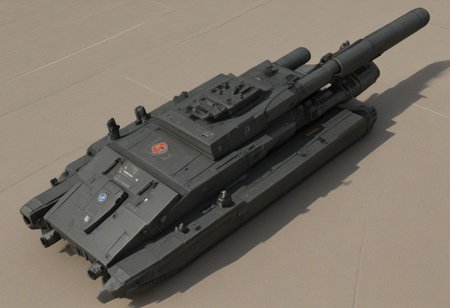Futuristic main battle tank, sleek and angular design, multiple viewing angles:
Front view: Heavy armor plating, massive laser cannon, secondary machine guns, advanced sensor array, commander's hatch with periscope and remote weapon station
Side view: Tracked propulsion system, hydraulic arms for stabilizing the tank, smoke grenade launchers, communications antenna, access hatches for the crew
Rear view: Engine exhaust ports, storage compartments for ammunition and supplies, emergency escape hatch, spare track sections, tow cable attachment point
Top view: Turret with main gun, commander's cupola, loader's hatch, gunner's sight, radar and laser rangefinder, drone deployment system
Interior view: Advanced control panels, holographic displays, crew stations for the commander, gunner, and driver, life support systems, ballistic shielding, emergency power supply