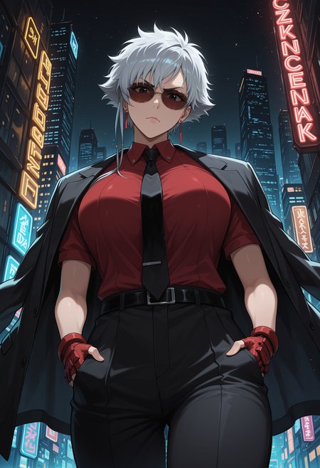 masterpiece, best quality, highres, absurdres, very awa, 1girl, solo, is4ne, silver hair, short hair with long locks, large breasts, earrings, red shirt, collared shirt, suit, black jacket, short sleeves, (jacket on shoulders:1.2), sunglasses, red hairband, sparkle, outdoors, city, cyberpunk, hands in pockets, head tilt, black eyes, black pants, black belt, black necktie, red gloves, fingerless gloves, night, city lights, neon lights, skyscraper, from below, looking at viewer, v-shaped eyebrows, closed mouth