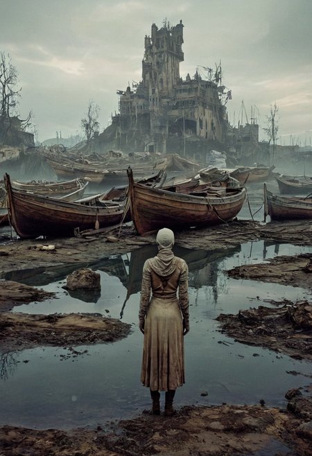 boats stand as silent monuments in a world drained of water. The composition includes beautiful, full-body, digital illustration of a character in the style of darkness, in-game Pathologic 2, Dark Souls concept art, and ink, illustrated by herge, Full skull arm tattoos young white woman,  elegant, expansive, fantastical, film photography style,  medium grain, FRESHIDESH Moebius comic book