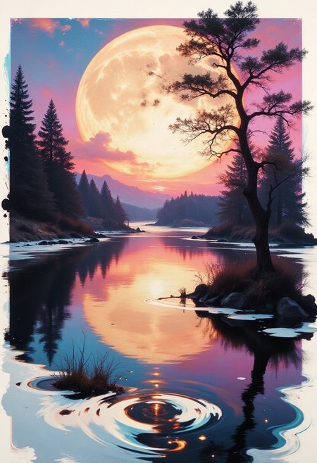 reijfrmd, white frame, ink, detailed photorealistic image, gradient of vibrant neon colours, image of a tranquil lake in woodland, sunset, mist