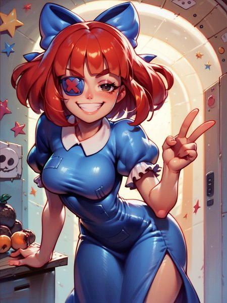 score_9, score_8_up, score_7_up, 1girl, naughty face, leaning forward, sexy pose, leaning forward, very happy, looking at viewer, space, dynamic pose, cowboy shot, colorful room, v,
 <lora:ARagathaV2_character:0.85>, RagathaXLP, red hair, single blue eyepatch, hair bow, dress, puffy short sleeves, blunt bangs, cartoon,