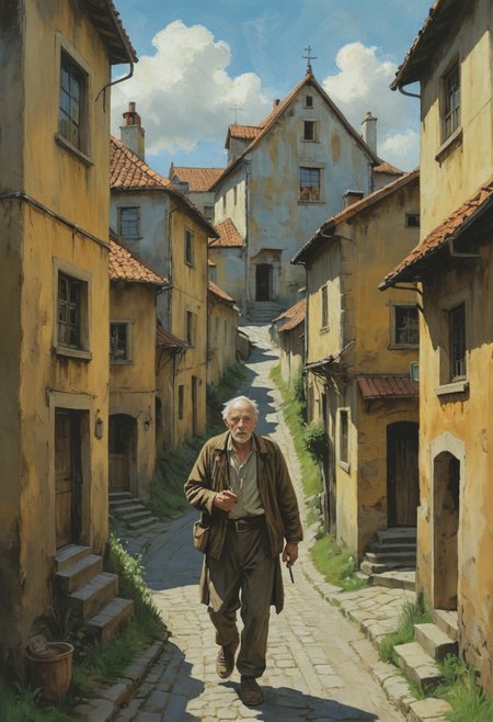 (((With newfound purpose, you set forth on your quest to rescue the missing girl. The old man leads you through the winding streets of the village, pointing out various landmarks and shortcuts along the way. As you walk, you can't shake the feeling that you are being watched, as though unseen eyes follow your every move. The air grows heavier with each passing minute, the weight of the unknown bearing down upon you like a physical force.))), ((Beautiful painting, brush strokes, digital art, extremely detailed illustration, cinematic, vast, epic, incredible perspective, breathtaking, awe-inspiring))