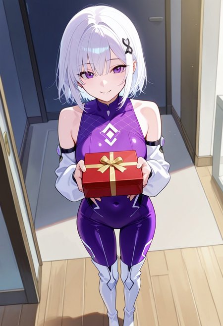 1girl, Short, white hair with a glossy finish, styled in a modern and chic manner. Add a small, delicate hair ornament for an extra touch of elegance, Large, expressive purple eyes filled with warmth and kindness, A sleek purple bodysuit that fits snugly, with detachable sleeves that reveal her shoulders. The bodysuit should have subtle, intricate patterns and cover her navel. Complete the look with white knee-high boots that add a sense of grace and modernity, She is standing with a gentle, inviting smile, her body slightly turned towards the male character. Her arms are extended, offering a beautifully wrapped box of chocolates. Her posture should be relaxed yet confident, exuding charm and warmth.