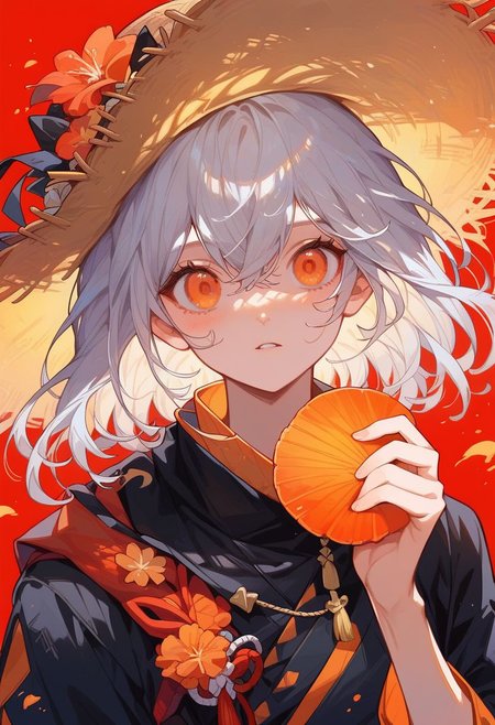 score_9, score_8_up, score_7_up, Expressiveh, ultra detailed, one cute girl, solo, gray hair, 2 strands of hair in front of face, prefect face, orange eyes, white orange and black kimono, straw hat, kazuha, forest, full body,<lora:Expressive_H:0.8>, <lora:c0l0urc0r3XLP2:0.7>, <lora:StS_detail_slider_v1:2>
