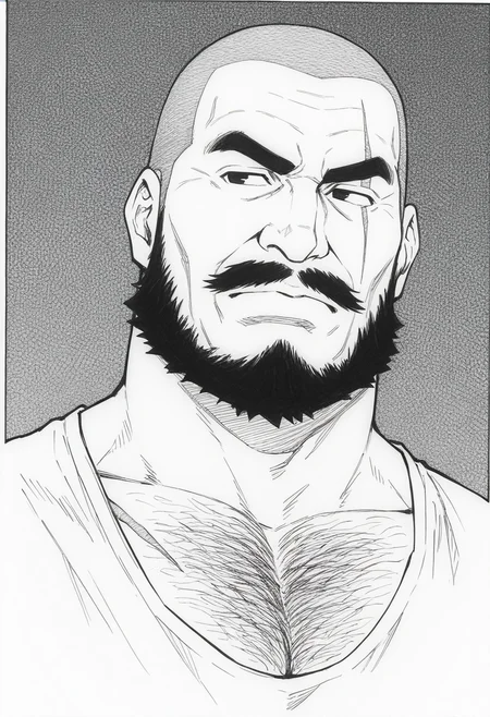 1boy, portrait, monochrome, traditional media, greyscale, dutch angle, looking to the side, serious, head tilt, dutch angle,
BREAK
<lora:Military_Policeman_from_Hikokumin_by_Gengoroh_Tagame_v0.1:1> thick mustache, thick beard, full beard, scar on face, scar across eye, 
kenpei, old man, buzz cut, thick eyebrows, chest hair, scar on chest, plump, 
BREAK
abstract background, 
BREAK
best quality, masterpiece, very aesthetic, absurdres, highest detailed