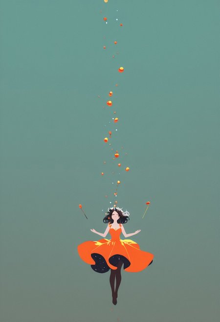 1girl, fantastical dress, floating, underwater, making music, inverted background, (flat lighting, flat color, flat design, no lineart:1), spot color, triadic colors, film grain, local color adaption, neon, pearlescent, masterpiece, best quality, amazing quality, very aesthetic, absurdres, newest,
