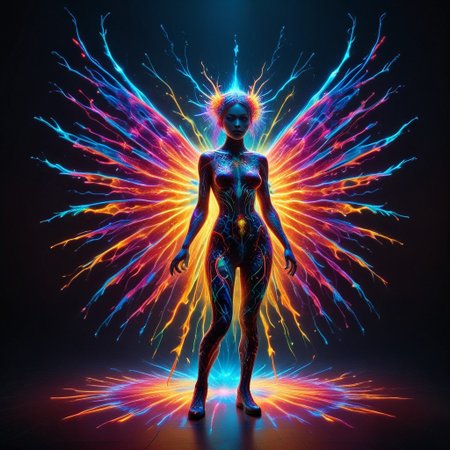 a full body fire entity whit multicolored flames, professional photography of an fantastical warrior fairy princess entirely made of cyberflies with whimsical elements, swirling magic, eerie fairytale landscape, elaborate fantasy style art, very colorful, intricate details, ultra sharp, exquisite detail, flawless composition, vivid colors, masterpiece, exciting background, TAS, TASvisuals, Psychedelic , Rave, Elaborate , Blacklight , Vibrant , cyberflies, black light paint, blp, Colorful Chaos Cracks and Drops, mad-glowtiedye, made out of,colorful,liquid,Murano Art Glass