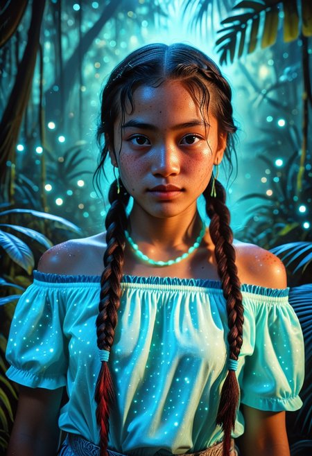 score_9, score_8_up, score_7_up, score_6_up, score_5_up, score_4_up, 1girl, blushing profusely red, 1girl,mysterious girl with freckles,an exotic Polinesian girl in off-shoulder shirt, Hairs in two braids, fading backlit background,pastel colors,surreal,  detailed, bokeh, perfect balanced, deep fine borders,artistic photorealism, smooth, whole body view, bioluminescent jungle background, temple, (bioluminescent clothing)