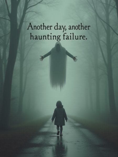 (the words "Another day, another haunting failure" in pale gray at the middle:2.0), a ghost sadly floating away from a scared person, text focus, <lora:Text_Logo_-_Style:1>