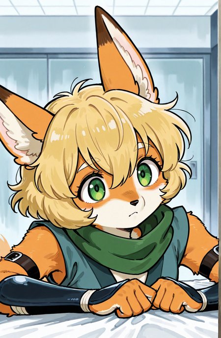 (anthro fox girl:1.5),blonde hair,green eyes,(fluffy:1.5)
hair between eyes,zPDXL3,solo,ninja, 
<lora:Perfect Hands:1> <lora:age_slider_v4:-1>
<lora:Tezuka_Osamu:0.9>tezuka osamu, score_9, score_8_up, score_7_up, score_6_up, score_5_up, score_4_up,zPDXL