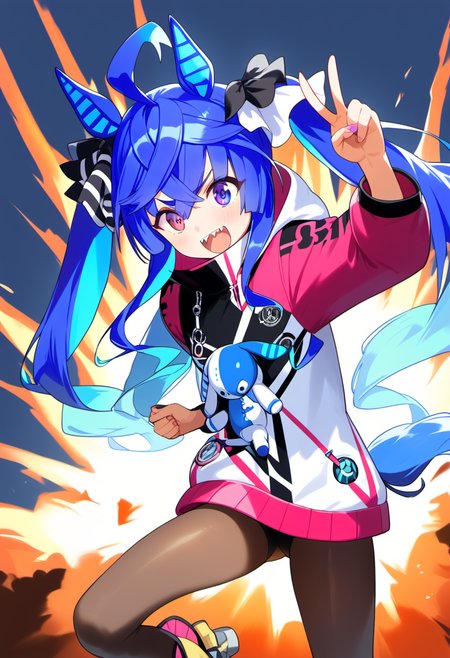 <lora:pony_turbo:1> , score 9, score 8 up, score 7 up, source anime,1girl,   twin turbo \(umamusume\), turboPP ,explosion background, v, five_fingers,