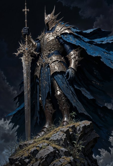 a fantasy knight standing on a rocky outcrop. The knight is clad in intricately detailed, silver armor with a dark blue, tattered cape flowing dramatically in the wind. The armor features sharp, angular designs, and the helmet is adorned with a crown-like structure. The knight holds a massive, ornate sword with a broad blade and an elaborate hilt, resting its tip on the ground. The background is a dark, stormy sky, enhancing the dramatic and heroic atmosphere. Small plants and grass are visible at the base of the rock, adding a touch of nature to the scene. The overall composition is dynamic, with a focus on the imposing figure of the knight, emphasizing strength and valor. <lora:FLUX-daubrez-DB4RZ-v2:0.5> <lora:FluxMythP0rtr4itStyle:0.7> <lora:Elden_Ring_-_Yoshitaka_Amano:0.7> <lora:flux.1_lora_flyway_Epic-detail_v2:0.65> <lora:DarkCore:0.7>
