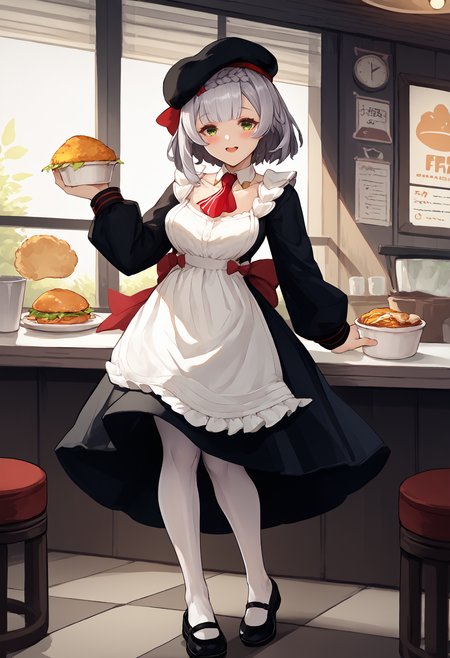 score_9, score_8_up, score_7_up, source_anime BREAK 1girl, solo, <lora:noelle-gi-richy-v1_pdxl:1> nlkf, green eyes, grey hair, short hair, braid, blunt bangs, black beret, red bow, hair bow, detached collar, red ascot, breasts, black dress, long sleeves, uniform, white apron, white pantyhose, mary janes, standing, indoors, restaurant, full body, smile, looking at viewer, blush, holding bucket, thighs, long legs, wide hips, fried chicken, open mouth