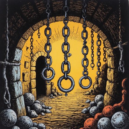 a bright illustration of  chains hanging from the ceiling of a dungeon, in the style of r0b3rt_crum8