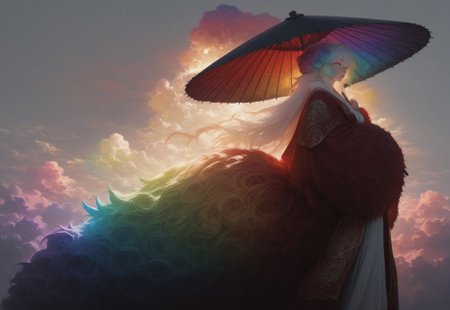 masterpiece, best quality, absurdres,hyper realistic,detailed eyes,
1 female solo,((((Cloud hair)))),long hair,blue eyes,kitsune tails,white kimono,red sleeves,golden embroidery,
wide shot,from side,feet out of frame,low angle,
looking to the left,sun umbrella,washi umbrella,multicollored umbrella,red umbrella,black umbrella,

white background, ((((huge fluffy Clouds)))),((((rainbow gradient cloud))))