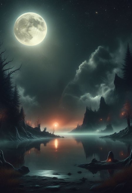 gradient night, dark black moody, (jankyard:1.2), distant small moon, desolate lake, 8k, hdr, high contrast, black and orange