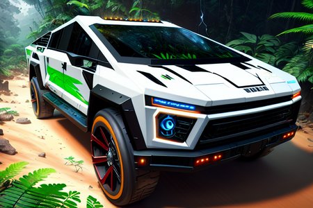 <lora:forestoftemptation_Lora300:1> digital painting of a dark cybertruck  in a jungle, splashes of white color, tiger claw marks,  highly hyper detailed and intricate environment. epic. depth of field. 8K.