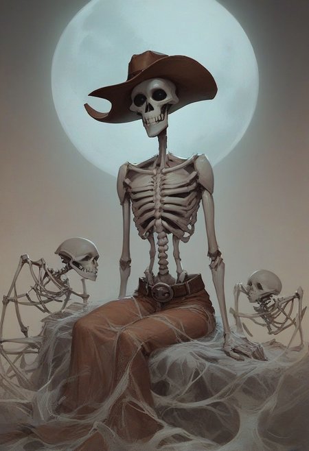 score_9, score_8_up, score_7_up, full dark, no stars, skeleton wearing cowboy hat, sitting on moon