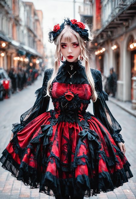 <lora:Illustrious_Realistic_Fashion_Collection_-_Gothic_Lita:1> girl wearing a gothic fashion dress, on the street, black and red dress with roses, subsurface scathering, depth of field, skin pores, detailed skin, masterpiece, best quality, newest, absurdres, highres, feeling, impact, very awa, dim lighting, sidelighting, skindentation, amazing quality, scenery, very aesthetic, newest, volumetric lighting, blending, <lora:add-detail-xl:1> <lora:cfg_scale_boost:1> <lora:sdxl_enhance:1> <lora:spo_sdxl_10ep_4k-data_lora_webui:1>