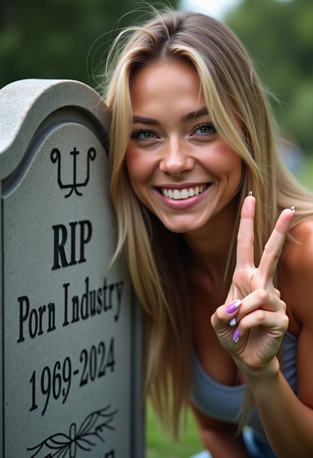 fashion model and tombstone, fashion model making victory v sign with fingers next to  tombstone, on tombstone is text large font 'RIP' medium font 'Porn Industry' large font '1969-2024', 
attractive girl with perfect face, looking at viewer, low angle, dynamic angle,  shiny smooth moisturized skin, detailed photo of smooth female face, soft moisturized skin, laughing girl, mocking laugh, poking fun laugh, sneering laugh, natural blond hair, hair strands across face, natural clean makeup,