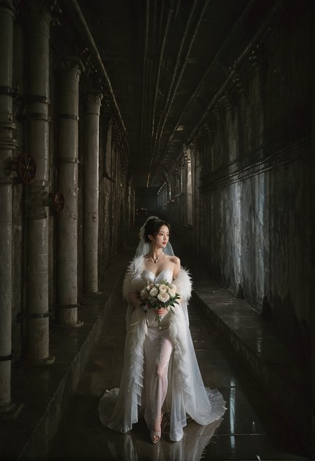 ,ruanyi0886,indoors,tunnel,pillar,,ruanyi0836,white dress,wedding dress,see-through,shawl,feather boa,
1girl,solo,<lora:0886 tunnel_v1_pony:1>,<lora:0836 fishtail luxury wedding dress_v1_pony:0.7>, score_9,score_8_up,score_7_up,,8k,1girl,solo,,