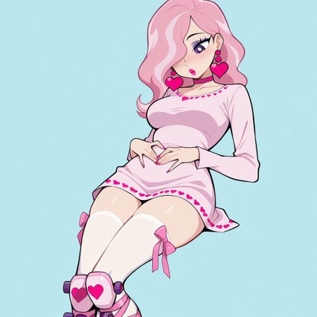 score_9, score_8_up, score_7_up, source_cartoon, lazypos, 1girl, beautiful, masterpiece, best quality, high resolution, great detail, crisp, clear, 8k, Cartoon illustration, cinematic, pretty face, medium breast, sexy, seductive, hands on stomach,  looking down, blue background, masterpiece, best quality, amazing quality, very aesthetic, absurdres, newest,, upper 
on model, accurate art style, cartoon screencap, show accurate, venusmwatgg, 1girl, solo, pink hair, hair covering one eye, purple eyes, purple eyeshadow, hot pink lipstick, heart earrings, hot pink choker, pink dress, long sleeves, pink leg ribbons, white stockings, pink roller skates,
dssequin