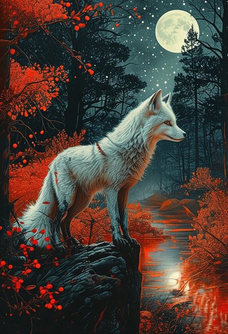 linquivera,  Ink illustration, amber tones, aged black red paper, inkpunk, moonlight, surreal, moonlit, gigantic white fox, forest, mystical, OverallDetail, extremely detailed, UHD, (long exposure, dystopian but extremely beautiful:1.4)