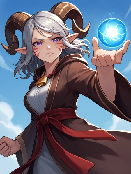 solo,<lora:whisker_markings:0.8>red whisker_markings ,
<lora:Rasengan:0.8>, rasengan, 1girl,  blue_sky, from below,  blue energy ball, rasengan_pose, wind effect, ball on hand, fighting stance, 
source_furry, score_7_up, rating_safe, cowboy shot, gold necklace, tiefing, short pointed ears, brown horns, (a pair of brown sheep Horns that begin at her temples and curve back: 1.5), bangs, long silver hair long wavy hair, pale skin, ,short pointy ears, purple eyes, <lora:age_slider_v4:0.6>   medium breasts, skinny female, close up, silver hair, <lora:Tieflingnew weird fantasyDND:0.3> Tiefling, pointed ears, horns, half-closed eyes<lora:Smooth Style 2 SDXL_LoRA_Pony Diffusion V6 XL:0.3> bell, robe, hood off,