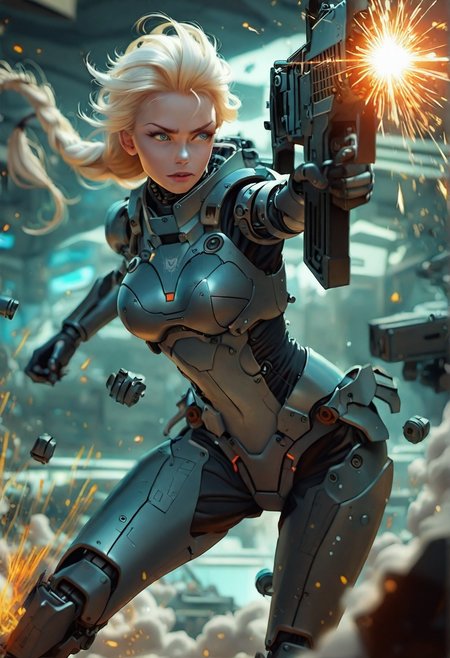 photorealistic, real aesthetic, masterpiece, high quality, 1girl, Elsa, mech woman, wires, sparks, robotic components, assault rifle, action shot, outerspace background, shallow depth of field, detailed background, dynamic angle, volumetric lighting, high resolution