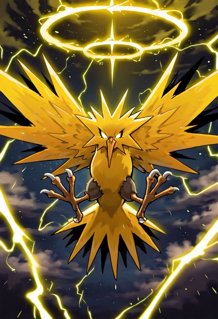 masterpiece, best quality,     zzZapdos,  High above the thunderheads, zzZapdos hovers mid-air with wings outstretched, her jagged yellow feathers crackling with electricity. Storm clouds swirl around her like a furious halo, and each beat of her wings sends bolts arcing across the sky. Her glowing eyes pierce the darkness as streaks of lightning frame her fierce silhouette. Black markings on her wings shimmer with raw power, while her talons flex mid-flight, ready to strike. The electric storm dances to her rhythm, casting sharp shadows and illuminating her in pulses of blinding white light.   ,,<lora:ZapdosPokedex_IXL_v1:1.0>,