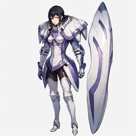 solo, simple background, full body.  <lora:Clothing FEA Knight Armor:1> f3akn1gt, armor, shoulder armor. <lora:Character BtV Marian Crane:0.8> marian, 1girl, black hair, low ponytail, sidelock, short hair, gray-blue eyes, athletic build, strong., score_9, score_8_up, score_7_up, score_6_up, score_5_up, score_4_up, masterpiece, detailxl. BREAK