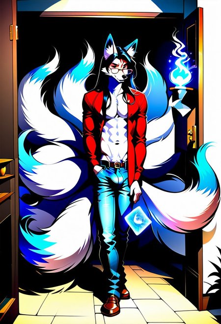 safe_pos, safe_pos, {((1male:2.0)), furry, fox, ((kitsune:2.0)), white fur, long hair, dark hair, blue highlight in hair, fox ears, glasses, nerdy, fox tail, denim jeans, shirtless, thin build, androgynous, shuffling a deck of cards, corruption magic, dark magic, scholar, on college campus, full body render, solo male, solo, }

FurryDalle, cartoon, high quality, Expressiveh