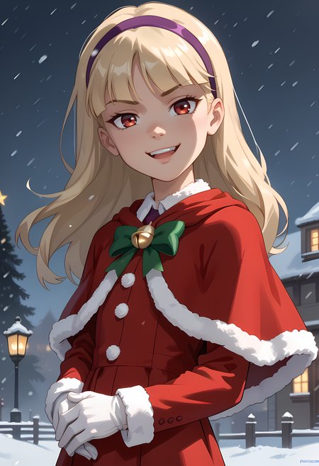 score_7, score_7_up, score_9, score_9_up, BREAK, DC__Young_Justice_Child, 1girl, blond hair, red eyes, purple hairband, , smug smile,  arched back, cowboy shot, solo,  <lora:Young_Justice_Child_pony:1>child ,hand on belly,posing,evil smile,, (portrai shot, upper body), happy, looking at viewer, upper teeth, looking at viewer,  christmas, fur trim, red capelet, red dress, fur-trimmed dress, long sleeves, white gloves, snowing, outdoors