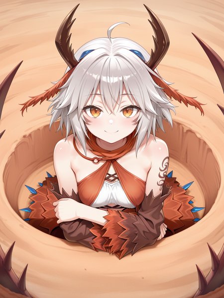 arthropod girl, traptrix myrmeleo, 1girl, solo, smile, looking at viewer, brown criss-cross halter, brown feather sleeves, in hole, desert, crossed arms, brown scarf, spikes,
masterpiece,best quality,amazing quality,very aesthetic,absurdres,newest,<lora:Traptrix Myrmeleo illuXL v1:0.83>,