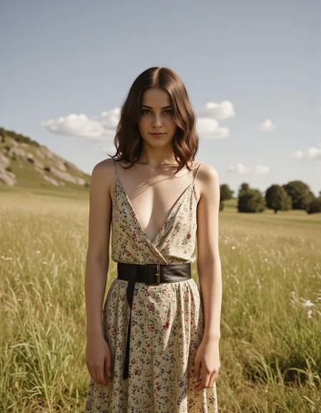 In this striking black-and-white photograph, evoking the late 19th or early 20th century, a carefree hippie stands in a vibrant, sun-drenched meadow. She is wearing an unbuttoned, belted, sleeveless, 1920s fitted and flared dressâbaring her shoulders and small breasts, made of stretch gabardine with a floral pattern. The high-waisted, flared skirt elegantly hugs her figure. Her wild, curly hair dances in the wind, framing her luminous, expressive eyes that sparkle with vitality. The sun bathes the scene in a soft, radiant glow, illuminating every intricate detail: the swaying grass, the delicate petals, and her joyful presence. The atmosphere exudes peace, freedom, and timeless beauty, as if frozen in a perfect, golden moment of peace and bliss. This is a high-resolution photograph of a young, fair-skinned girl. girl is of average height, her figure is slim and athletic, with a flat stomach and small breasts, girl has medium length brown hair parted to the side on the right side, young and slim. looks at the viewer, front view, professional photography, (nsfw:1.2),(nudity:1.2),(breasts:1.2),(nipples:1.2), <lora:breast-size2:-2>, <lora:Hand v2:1>, <lora:FLUX_thinspo_skinny-000001:0.3>, <lora:70s_vintage_nudity:1>