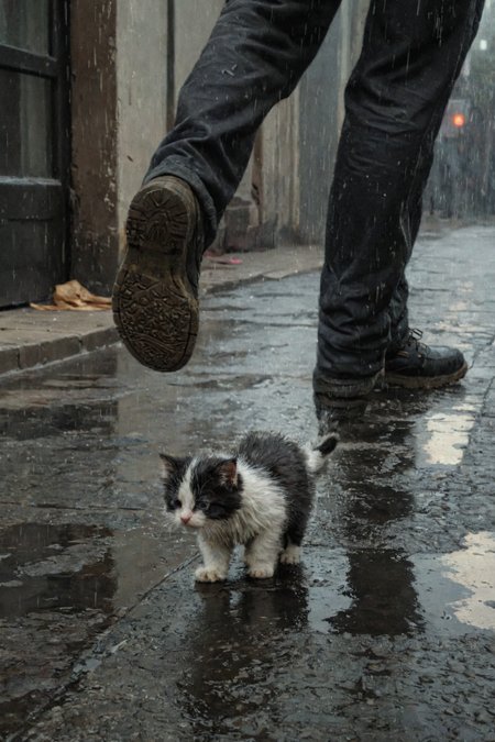 a black and white homeless little kitten, sad, (dirty on fur:1.4), (disheveled fluffy fur:1.3),  walking down the street, (paving slabs:0.5), (simple background:1.4), man legs, sole of the shoe, running ago, rain, 
(in the style of an Jeremy Mann:1.4), ivan aivazovsky, dark shot, (warm light reflection:0.1), disco elysium, digital artwork, 
 <lora:DiscoDeliriumXL-v1.2:0.5> ,best quality, high resolution, extreme detail, outstanding composition, masterpiece,