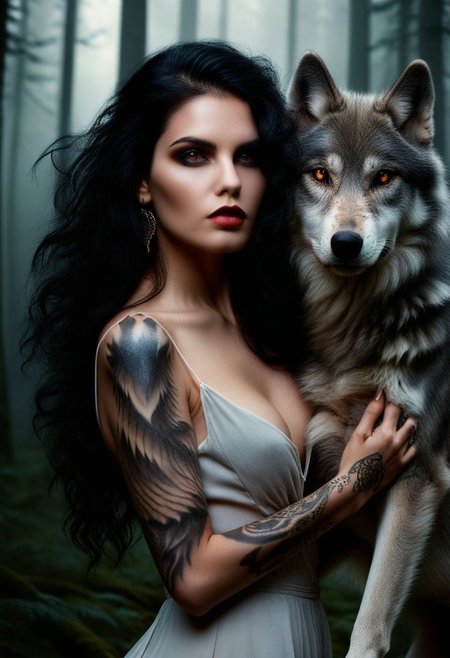 A striking portrait of a woman with dark, 
flowing hair, 
bold makeup, 
and intricate tattoos embracing a wolf against a mystical forest backdrop. The woman exudes a powerful aura, 
merging elegance with a fierce wildness. The wolf, 
with piercing amber eyes, 
adds an element of mystery. Showcase themes of beauty and nature, 
echoing strength and harmony with the wild.