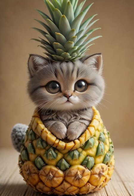 An award winning photo , a cute little baby cat,doing Yoga on a yoga matt in a pineapple costume,, (((cuteness overload))) <lora:add-detail-xl:1>,  <lora:WowifierXL-V2:1>, zhibi