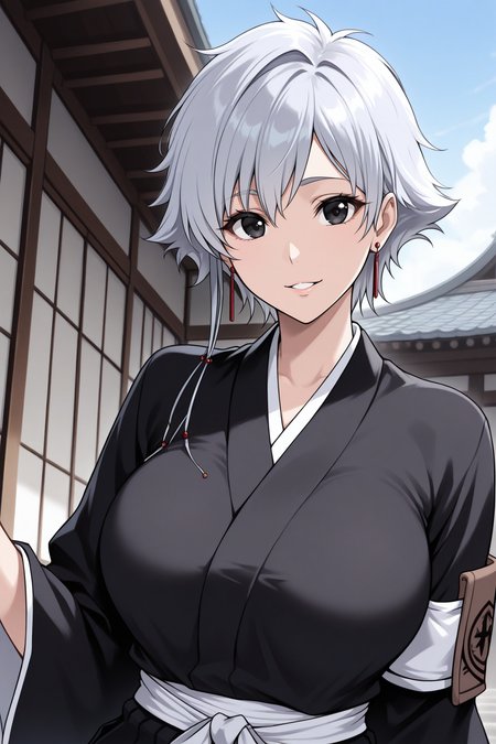 masterpiece, best quality, 1girl, solo,  <lora:kotetsuisane-illu-nvwls-v1_1-000006:1> is4ne, silver hair, short hair with long locks, black eyes, earrings, black kimono, wide sleeves, white sash, black hakama, armband, brown arm badge, large breasts, looking at viewer, smile, parted lips, upper body, blue sky, east asian architecture