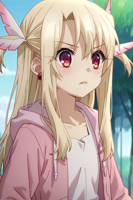 score_9, score_8_up, score_7_up , source_anime, intricate details, masterpiece, high quality, prefect hands, best quality , solo , 1girl  , anime screencap, <lora:tweak-detail-xl:1> <lora:DetailedEyes_V3:1>, pink open hoodie, white tank top , pink shorts,  upper body,
, long hair, red eyes, illya, female child , <lora:DetailedEyes_V3:1> <lora:tweak-detail-xl:1> <lora:illya.pony:1>