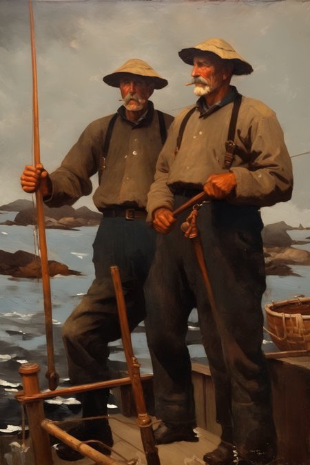 <lora:Winslow Homer Style:1>Winslow Homer Style - oil painting by winslow homer, portrait of gloucester fishermen