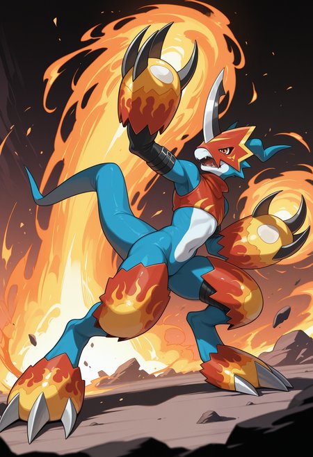 masterpiece,best quality,amazing quality, 1boy, solo, fl4m3dr4m0n, digimon (creature), crop top, horned helmet, black arm belt,  clawed gauntlets, knee pads, clawed footwear, tail, attack, fire,