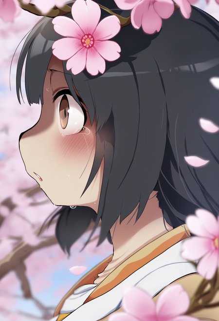 masterpiece, hyper detailed, best quality,(furry:1.3),1girl, solo, blurry, blurry foreground, pink flower, cherry blossoms, flower, depth of field, close-up, parted lips, profile, black hair, portrait, tears, brown eyes, branch, petals, looking at viewer, bangs  ,<lora:DAGASIXLlokr8f-000188:0.95>