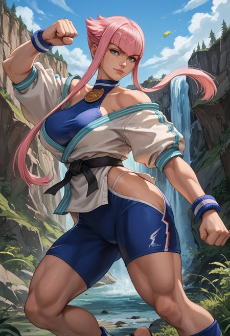 score_9, score_8_up, score_7_up source_anime BREAK 1girl, solo, looking at viewer, cowboy shot,
 <lora:ManondefDwnsty-000009:1>, manonsf, pink hair, blue eyes, short hair with long locks, toned, androgynous, fighting stance, leg up, clenched hands, stirrup legwear, toeless legwear, feet, 
large breasts, skindentation, smirk, lips, wind, 
outdoors, training, stone, cliff, waterfall, landscape, blue sky,