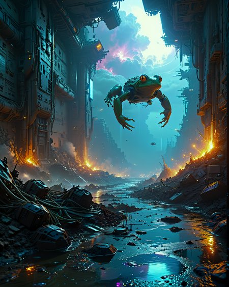 Craig Mullins: (cinematic sci-fi), (textured surfaces), (bold contrast), (industrial megastructures),Data monsoon evening flooding information valleys, Monsoon frog migrations across urban storm drains Celestial navigation complex with star-aligned monoliths under Particle wind eroding hologram monuments conditions, illuminated by Glitch-light emitting from corrupted monuments,  beneath Altostratus opacus fractus with space battle debris ,
<lora:extremely_detailed:0.1> extremely detailed,
<lora:Flux-XL_Scenery:0.75> flux-scenery, 
<lora:add-detail-xl:0.7>,
 <lora:DetailMaximizer:0.15>, 
<lora:MidjourneyV6.1:0.2> midjourneyv6.1,
 <lora:Dream Scenery XL:0.45> Dream Scenery,
 detailxl