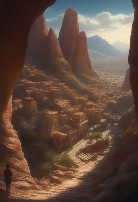 Ancient small city, built into a mountain, with rocks etched into intricate structures. The scene is bathed in excellent noontime light, casting sharp shadows. Fluffy clouds drift across the sky, adding a soft contrast. Pathways wind through the city, where people walk among rustic buildings made of red rocks. Surreal architecture and ancient carvings decorate the stone structures. The atmosphere is peaceful and vibrant, with a historical, desert landscape in the background. Stone steps lead through the city, nestled within the rocky terrain. Sunlight creates dramatic lighting, highlighting the natural beauty of the surroundings. The expansive sky frames distant mountains, and the city feels like a cultural heritage site. HD, ultra-detailed, 8K quality, masterpiece artwork, flawless anatomy, atmospheric lighting, breathtaking realism, photorealistic textures, dynamic composition, cinematic light, visually striking, immersive environment, rich depth, flawless perspective, high contrast, hyper-realistic.