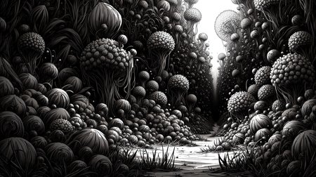 A mysterious, otherworldly landscape. covered in deep thickets of strange geometrical flora and fauna. The dense growth creates an almost claustrophobic atmosphere, with the thick vegetation pressing in from all sides. The flora sways in the still air as if alive, their rustling adding to the mysterious energy that permeates the landscape. Hidden within the undergrowth, elusive creatures move silently, barely visible through the foliage, their presence felt more than seen. Every inch of the environment is filled with the unknown, making the deep thickets both a refuge and a haunting, enigmatic presence.
 <lora:alien_landscape_flux:0.75>  <lora:InkSketch_Flux:0.65> inksketch