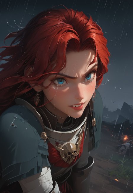 1girl, solo, 24 year old woman, large build, kneeling:1.4, beautiful, long hair, dark red hair, freckles:1.4, face uplifted:1.6, looking up, looking at the sky, earrings, fierce grin:1.5, crying:1.5, teeth clenched:1.4, angry smile:1.5, wide hips, knight armor:1.5, heavy armor, gauntlets, greaves, bright blue eyes, arms at her sides, rain falling on her face:1.5, tan skin, on knees, tears on chin, tears on cheeks,

dusk, after battle, muddy field, some grass, fallen soldiers around her:1.4, storming, dark gray sky, dark sky:1.4, streaming banners, battlefield, intense rain:1.3, dreary, raining, overcast, mountains and hills in the background,

score_9, score_8_up, score_8, masterpiece, best quality, official art, extremely detailed, CG unity 8k wallpaper, absurdres, high definition, photorealism:1.5, detailed shading, high contrast, ambient occlusion, vivid colors:1.5, saturated colors:1.6, 

downward angle:1.3, cowboy shot, cinematic, from above:1.3, dynamic lighting:1.4,

expressiveh, whites40k, tears, 